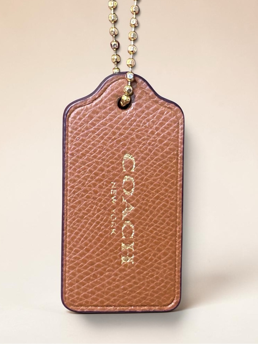 COACH 3” Textured Leather Hang Tag w/Gold-Tone Branded Ball Chain